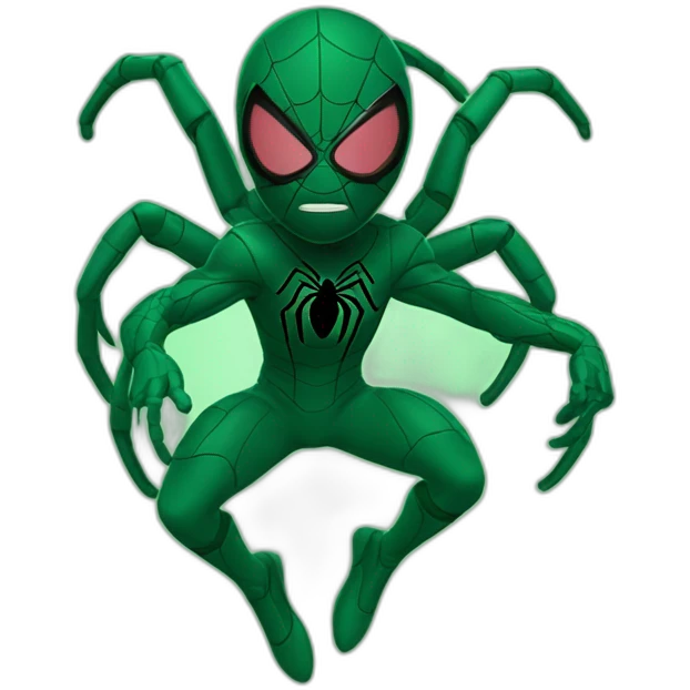 Man spider suit dark green in action background green emoji