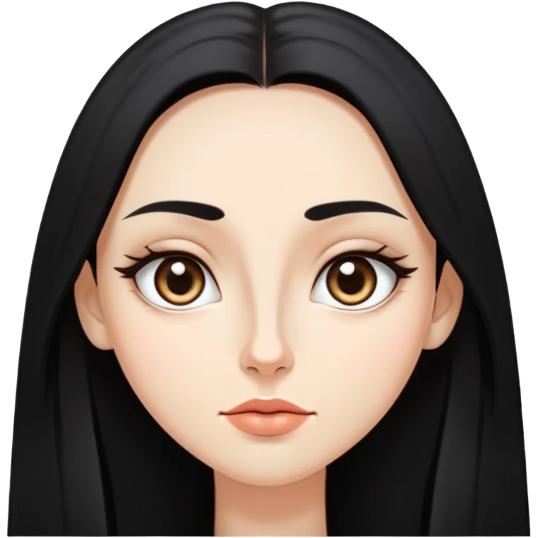  female with long black hair and big forehead, almond eye, straight pointy nose, thin lips, inverted triangle face  emoji