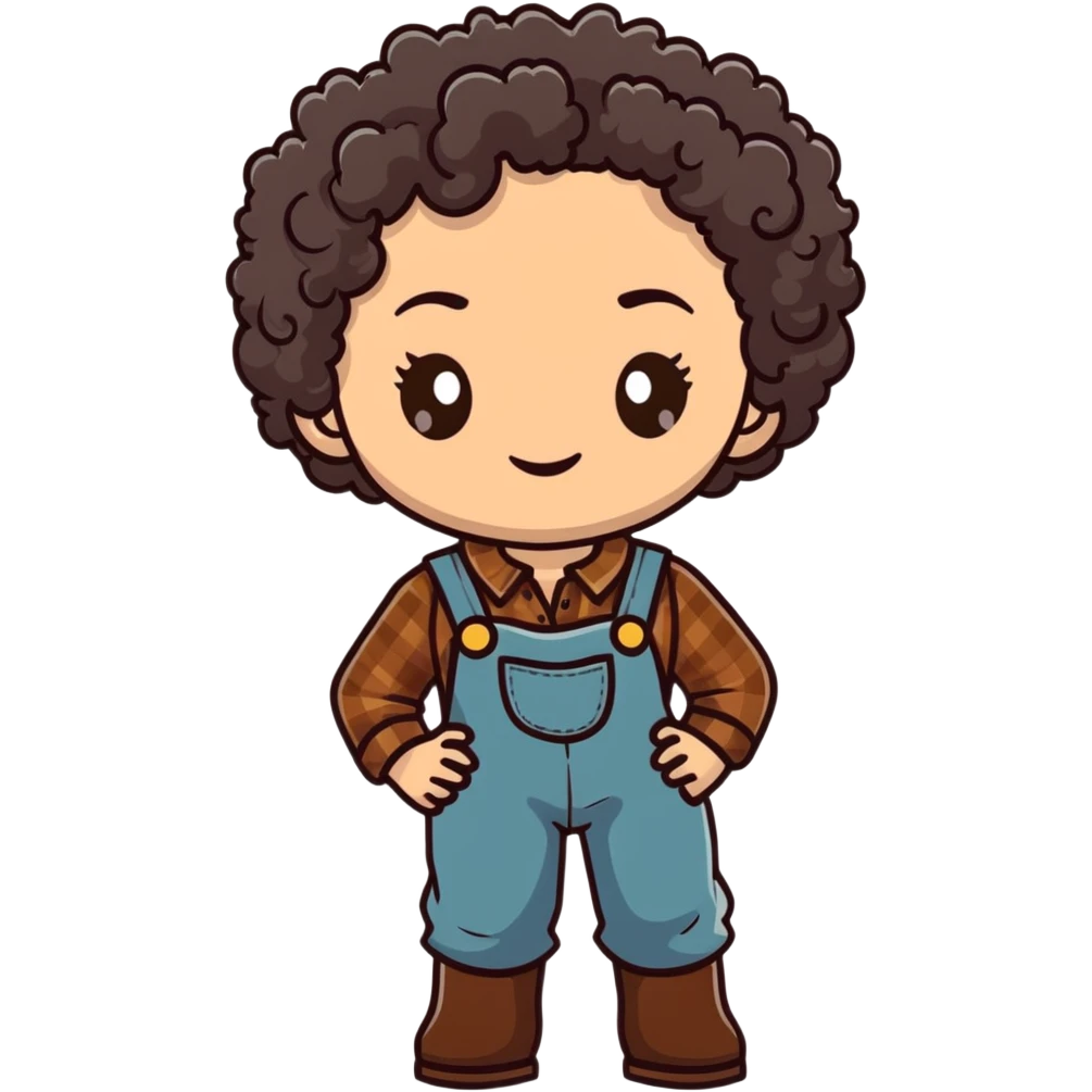 white girl with very curly dark brown hair, brown eyes, wearing farm clothes emoji