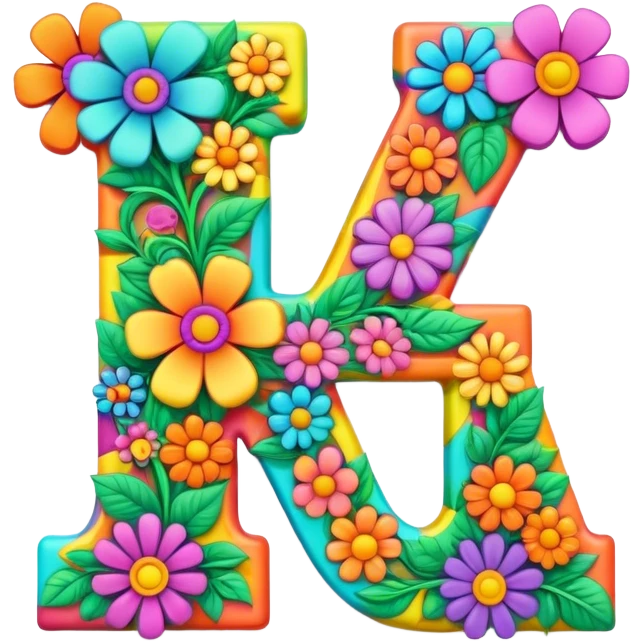 3D, gothic style psychedelic colored Letter T with hippie style flower border emoji