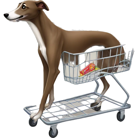 A brown greyhound pushing a grocery cart  emoji
