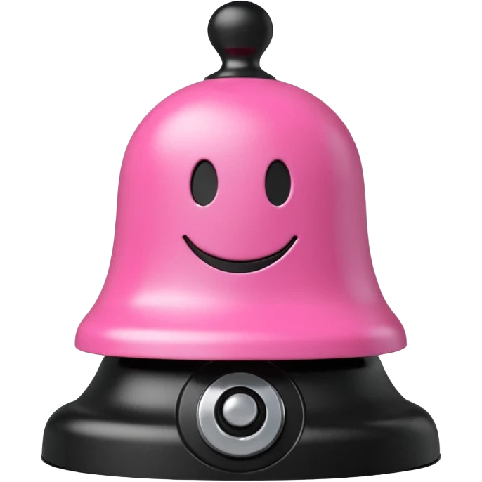 pink call bell with black base and silver push knob on top and with smiley face on it emoji