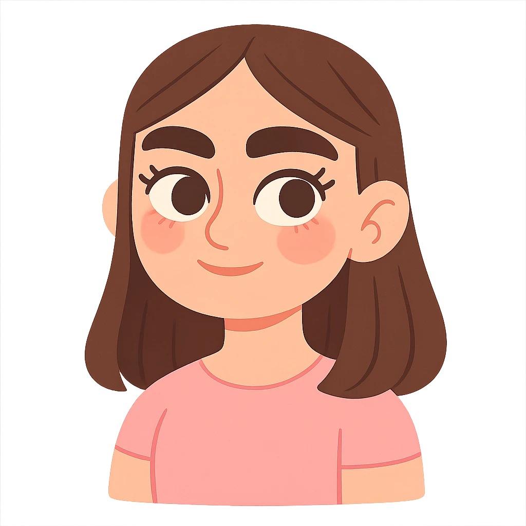 pastel toon style pretty girl with thick eyebrows, straight brown hair and brown eyes, curled eyelashes emoji