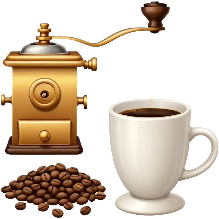 coffee shop essentials: coffee cup, pastry, coffee beans, and coffee grinder emoji