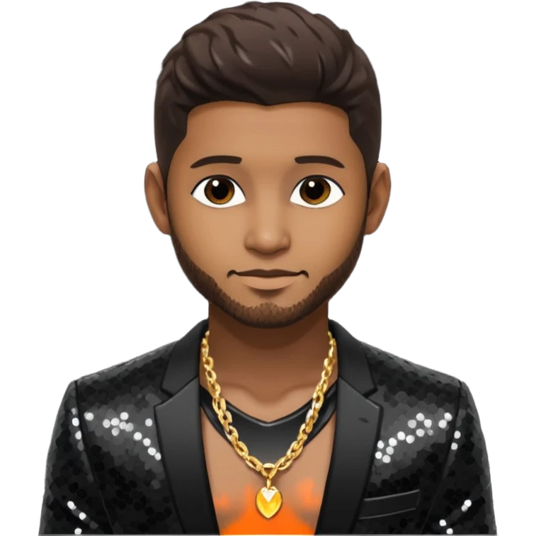 Usher with dark brown hair, black sequin suit jacket, shirtless with necklace emoji
