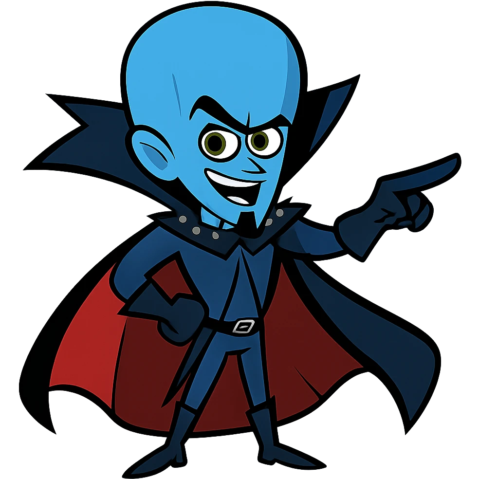blue supervillain with a big head and dramatic cape, cartoon style emoji