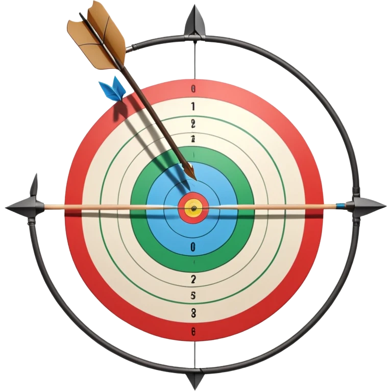 A professional recurve bow with an arrow nocked, ready to be released. The target features concentric rings, placed at a distance. The emphasis is on the bow, arrow, and target, highlighting the precision, focus, and skill involved in competitive archery. emoji