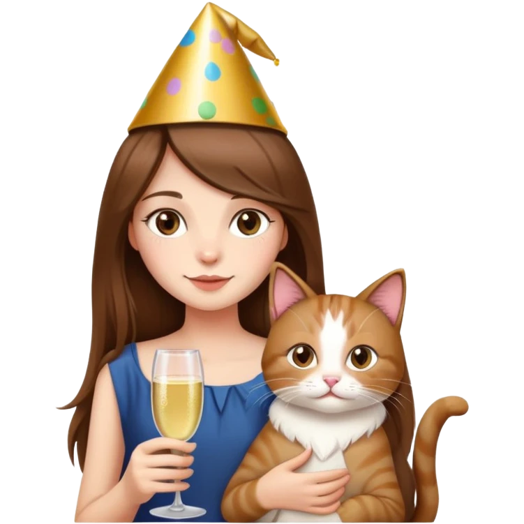 A long-haired girl wearing a birthday hat holding a cat and drinking champagne emoji