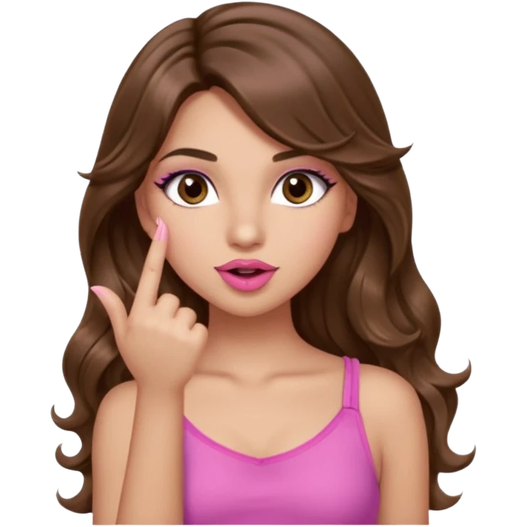 girl with long wavy brown hair, brown eyes, light to medium complexion, in a pink sexy top, pink lips, long lashes, silent motion with the hand one finger up by the mouth emoji