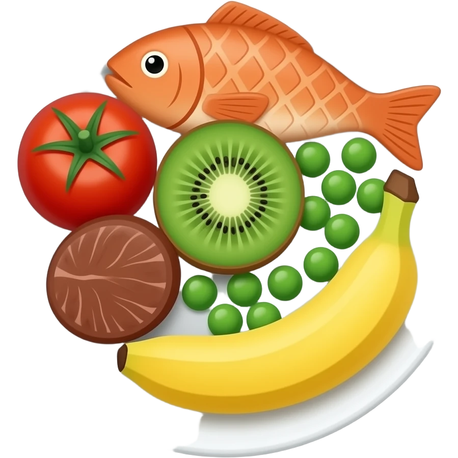 plate with meat fish tomato kiwi peas banana emoji