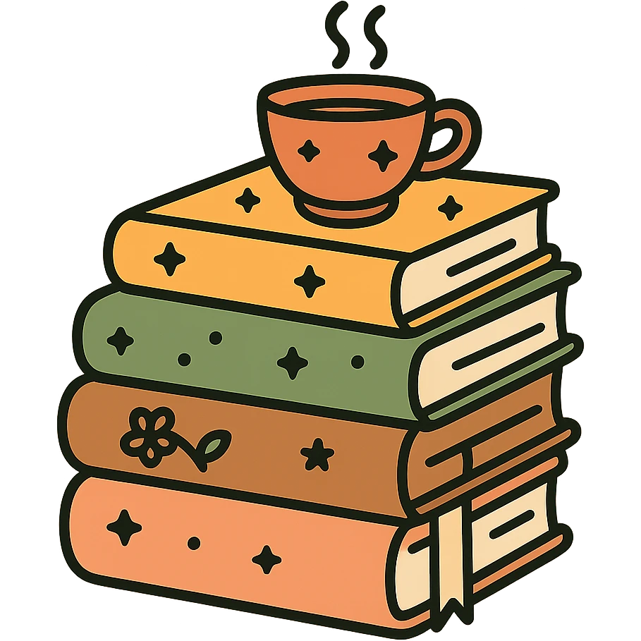 A cute stack of books with a cozy and magical vibe, each book bound in soft, harmonious colors: golden orange (FA9B41), forest green (4A7C5C), warm taupe brown (96775A), and pastel peach (FFCC9A). The books are slightly worn with rounded corners and decorative covers featuring tiny stars, floral motifs, or whimsical patterns. A ribbon bookmark peeks out from one, and a small cup of tea or magical trinket rests on top of the stack. The lighting is warm and gentle, with a dreamy, storybook feel. The overall scene feels inviting, charming, and gently enchanted. emoji