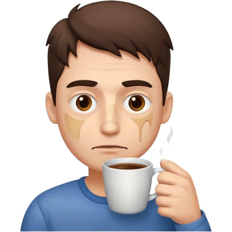 The man didn't get enough sleep with bruises under his eyes sleepy is holding coffee in his hands emoji