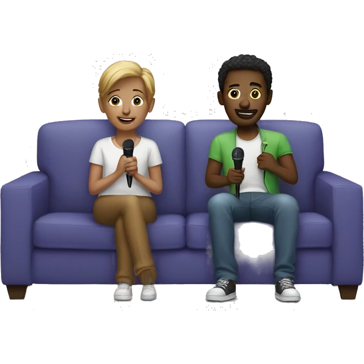 Two friends sitting on couch holding microphones emoji