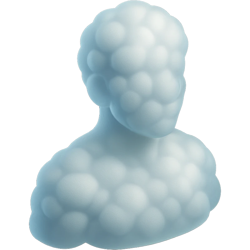 person from shoulders up, facing straight, fully composed of white fluffy convex clouds, no shadows emoji