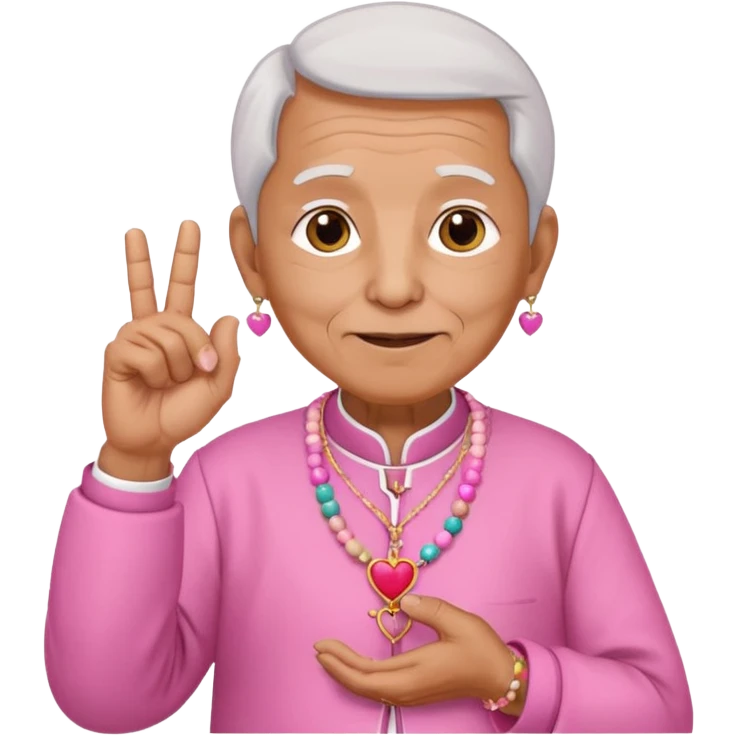 elderly man wearing takke, pink skirt, holding prayer beads, making heart sign with index finger and thumb, saying 'uwu', emoji style emoji