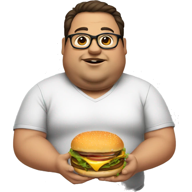 fat man, wearing eyeglasses, eating a burger, dark brown hair emoji