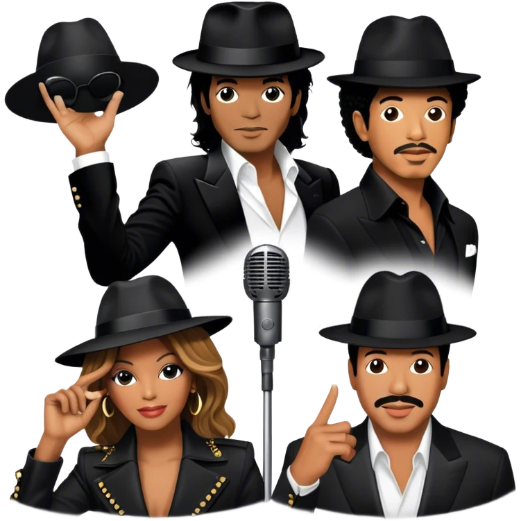 Icon for R&B Music: collage of iconic R&B artists—Michael Jackson, Beyoncé, Lionel Richie, Whitney Houston. Each artist represented by a silhouette or symbolic item (like a glove, microphone, or fedora). Transparent background. emoji