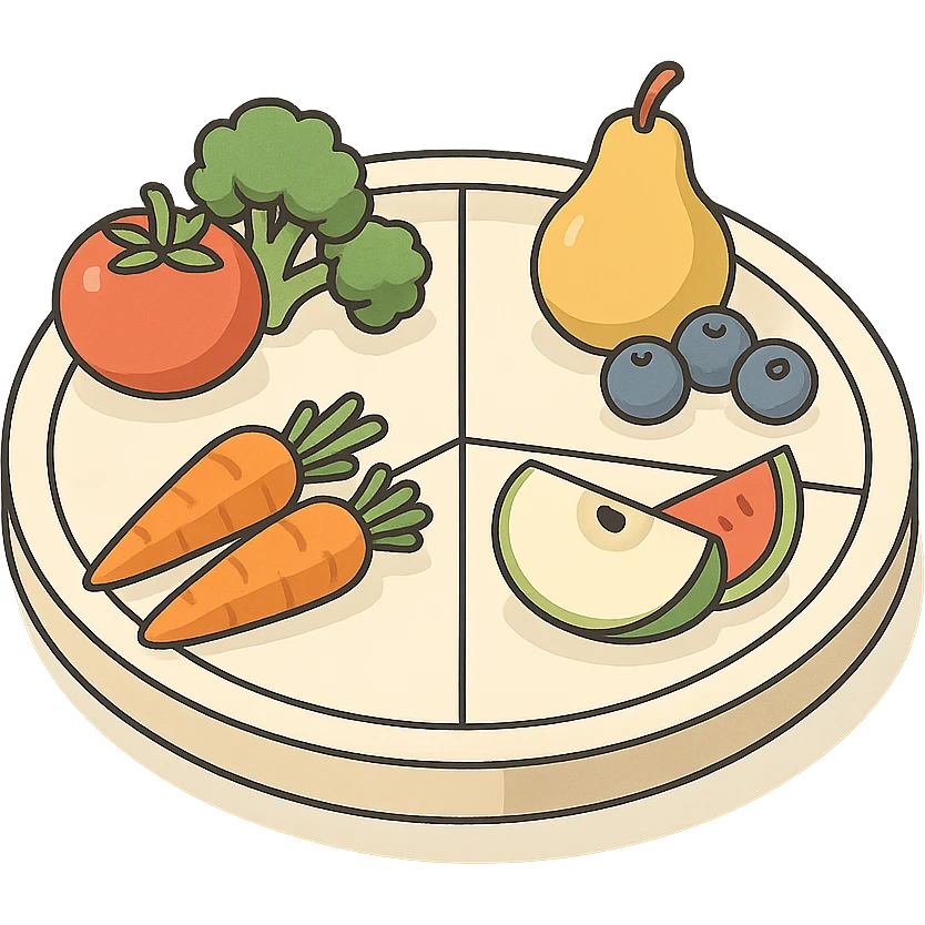 Harvard plate with vegetables and fruits, 2D isometric style, minimalist background, soft shadows and highlights, transparent background, vegetables and fruits arranged in sectors emoji