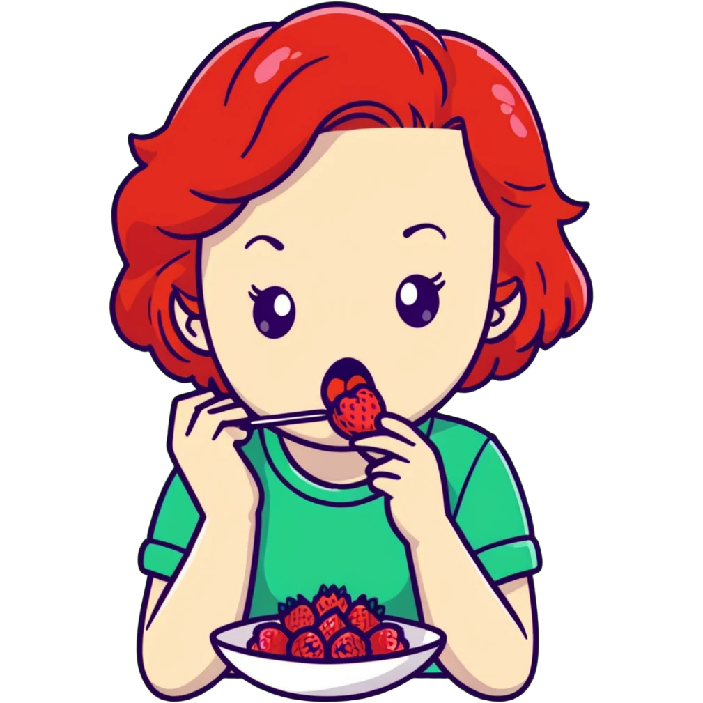 redhead girl with a displeased face eating raspberries emoji