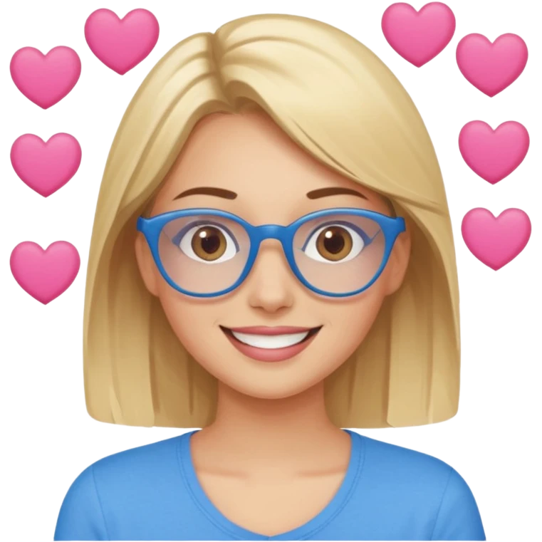 Asthectic pretty Blonde women brown eyes, blue glasses, wearing a brown top and smiling with pink hearts around her. emoji