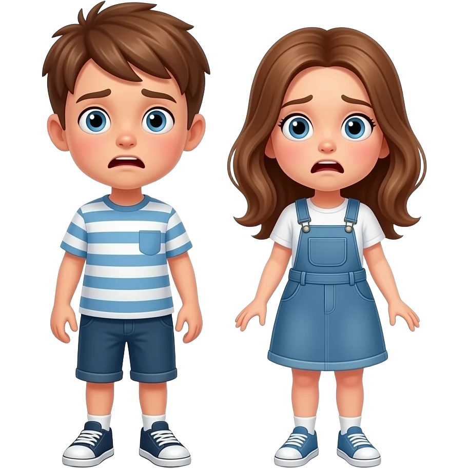 chico y chica son hermanos,se estan preguntando asustados donde estan, el chico castanyo i con pelo corto y la chica pelo suelto y color avellana y los dos tienen ojos azules son hermanos estan depie se les ve los pies emoji