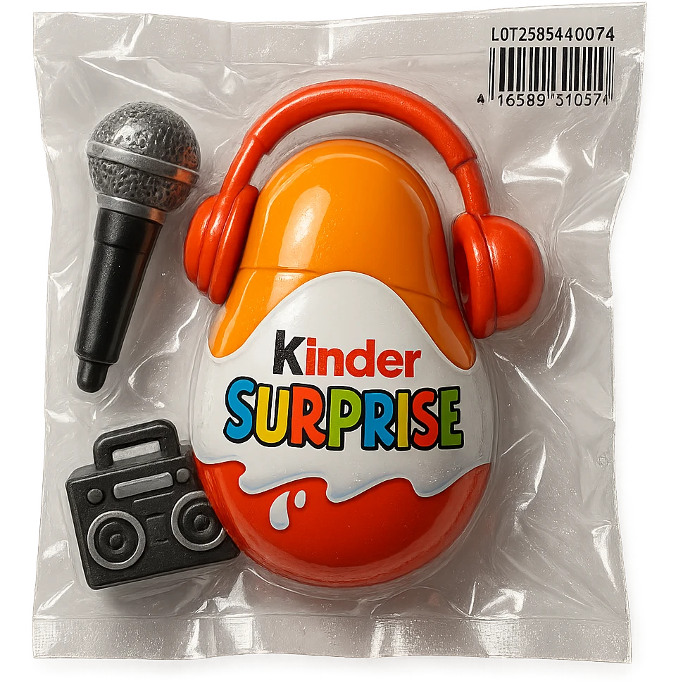 Kinder Surprise egg opened showing toys: microphone, boombox, headphones, shiny and inflated vacuum-sealed style emoji