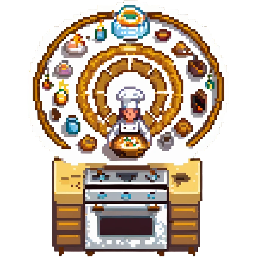A divine baker surrounded by floating utensils, radiant ingredients, and a halo of light. The oven levitates, powered by pure energy. UI resembles clouds, golden rays, and ethereal scrolls—like a heavenly recipe interface. emoji