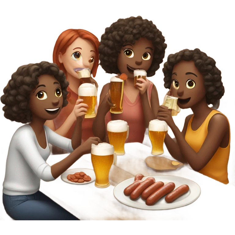 Five girls drinking pints of beer and eating sausage emoji
