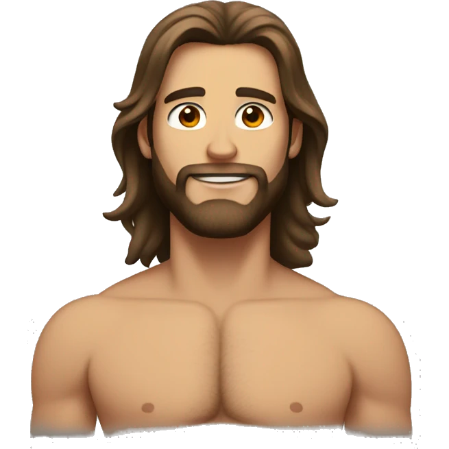 Standing Tall Shirtless man with long brown hair and beard  emoji