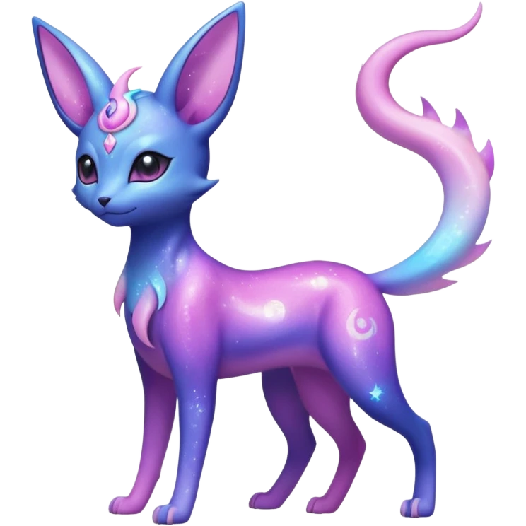 Shiny Iridescent Nebulae Espeon-Umbreon-Sylveon-Dragonair-Fakémon-hybrid-creature (full body)  with a galaxy-dust-flowing-gradient-tail emoji