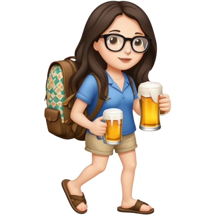 A beautiful brunette with long hair in slippers, glasses, patterned arms, a baggy backpack, and a beer in one hand emoji
