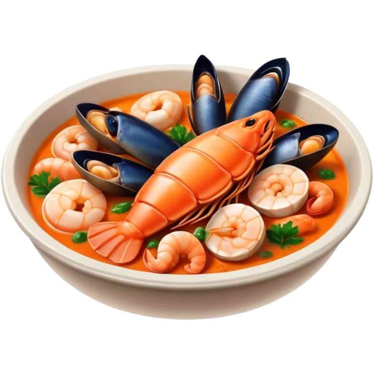 Cinematic Realistic Buzara Seafood Dish Emoji, depicted as a rustic, flavorful seafood stew with shellfish rendered with rich textures and dynamic, maritime lighting. emoji