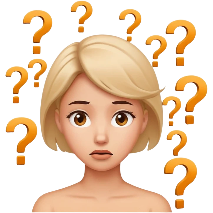 Confused woman with tilted head and question marks circling around her emoji