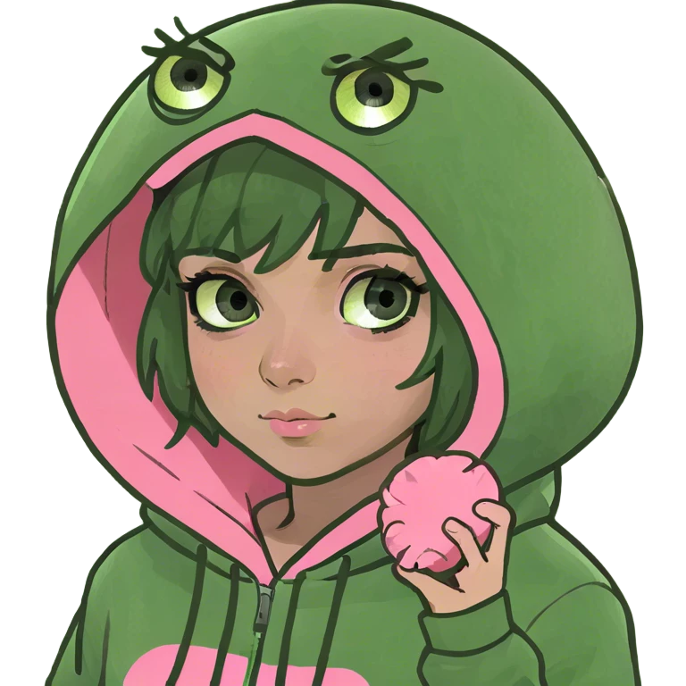 Green eyed ginger girl wearing a pink palm puff hoodie emoji