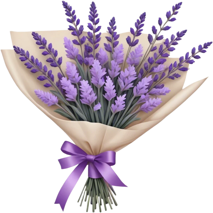 A delicate hand-tied lavender bouquet, featuring wisps of pale lilac and deep amethyst sprigs, is wrapped in parchment paper secured with a dusty plum ribbon. The gentle contrast of fresh and dried stems creates a soft, ethereal look, while the faint scent of lavender lingers like a nostalgic embrace from a bygone era.
 emoji