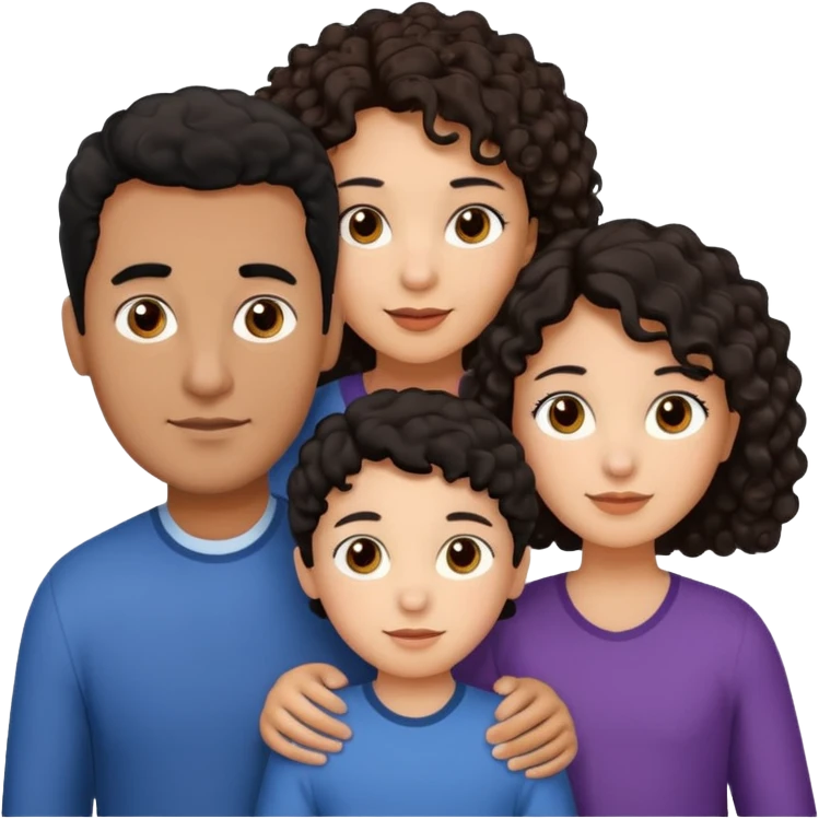  family, mom has brown eyes black hair brown skin, dad is white with brown curly hair and two kids boy and girl who are a mix of the two parents emoji