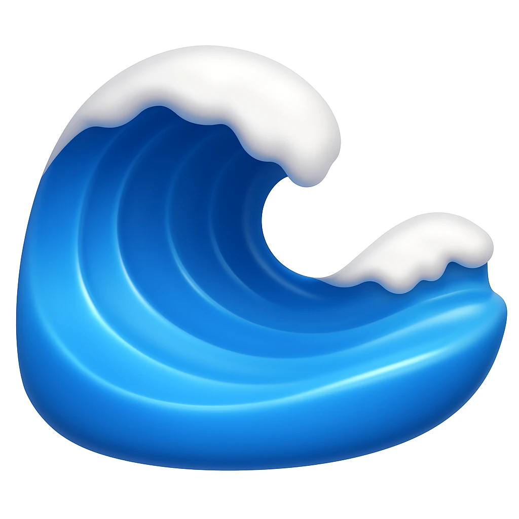 Create a wave emoji that looks exactly like the reference image in classic iOS emoji style. The emoji should be 3D with shiny, smooth gradients, soft shadows, and use blue and white colors to match the classic emoji look. emoji
