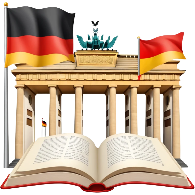 An icon featuring the Brandenburg Gate and the big flag of Germany, symbolizing the German language. The design includes an open book with German text representing language learning and German culture. Transparent background highlights the essence of German heritage. emoji