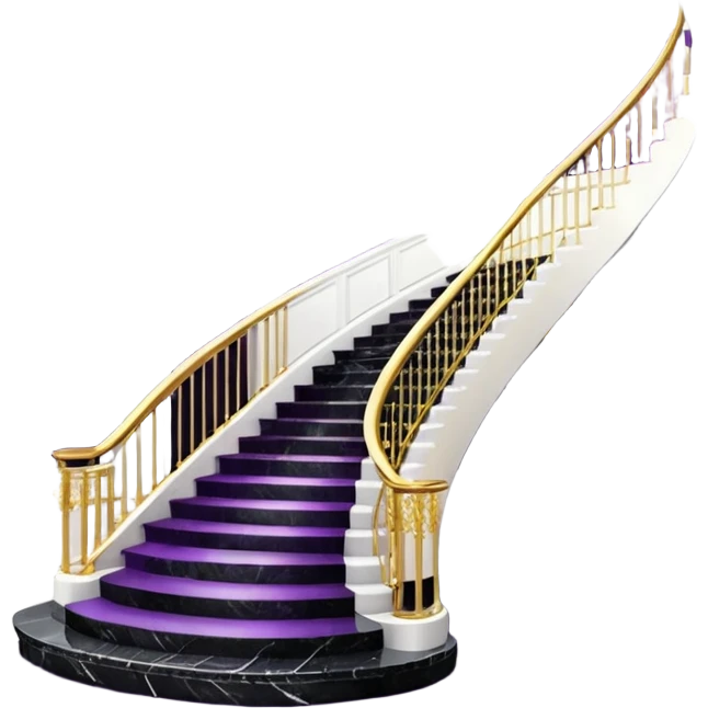 Luxurious black marble hallway stairs with gold and white accents  with purple crystals in chandelier emoji