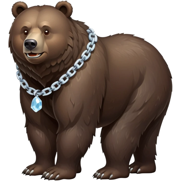 Full-body shot of realistic dark brown bear on all four legs, showing complete bear from head to tail, stern expression, ice chain collar emoji