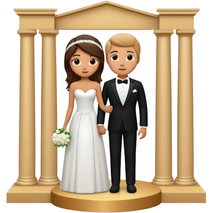 A 3D cartoon photo frame showing a formal courthouse wedding scene with a bride and groom standing together in front of white columns, neutral background, elegant lighting, realistic Memoji-style. emoji