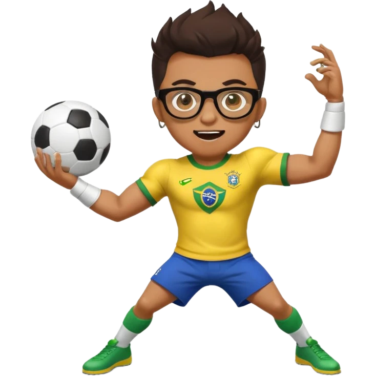 make an guy called pedro who is dancing with a football and playing brazzilian phonk and hee has glasses and is and make it look like hes listening to brazzilian phonk so it has a brazil flag and text saying phonk on it and give him demon laser eyes phonk demon tuff boii  sus phonk brazilo! emoji