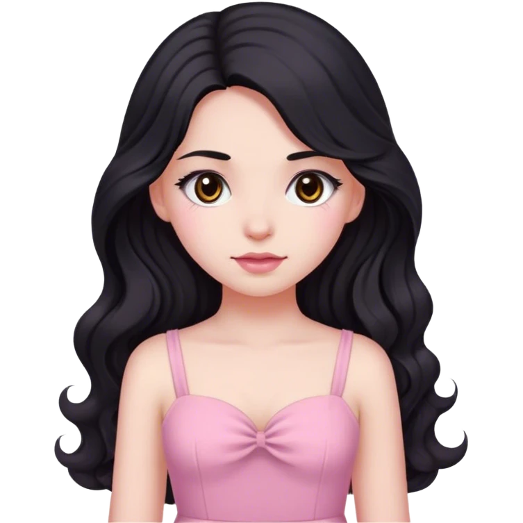 long wavy black hair, white skin like a milk and brown eyes girl wearing pink dress emoji