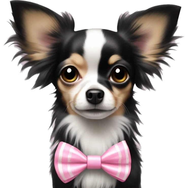 black with white long haired chihuahua with white stripe on forhead a cute pink bow emoji