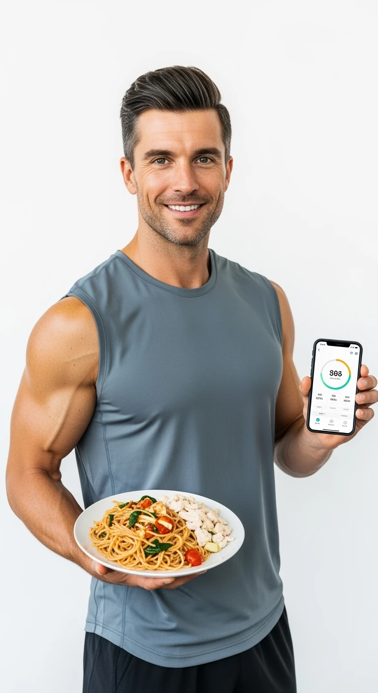 uomo fitness con piatto di pasta in mano e smartphone, sfondo bianco emoji