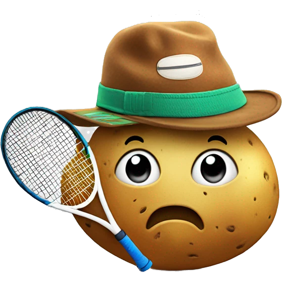 potato with basketball hat, mountain boots and a tennis racket in its hands emoji