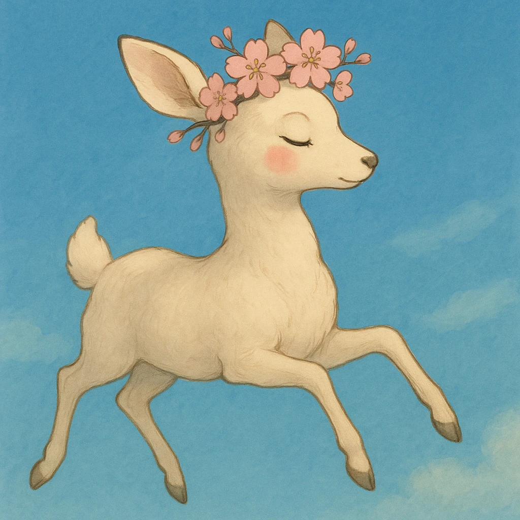 Create a variation of a feminine adult vanilla cloud doe with rosy cheeks and cherry flowers, floating gracefully, in Ghibli style. This is for brand identity and social media use. emoji