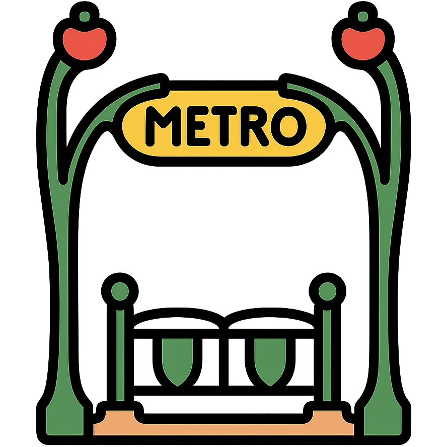Parisian metro entrance with ornate green iron arches and classic signage in color outline icon style emoji