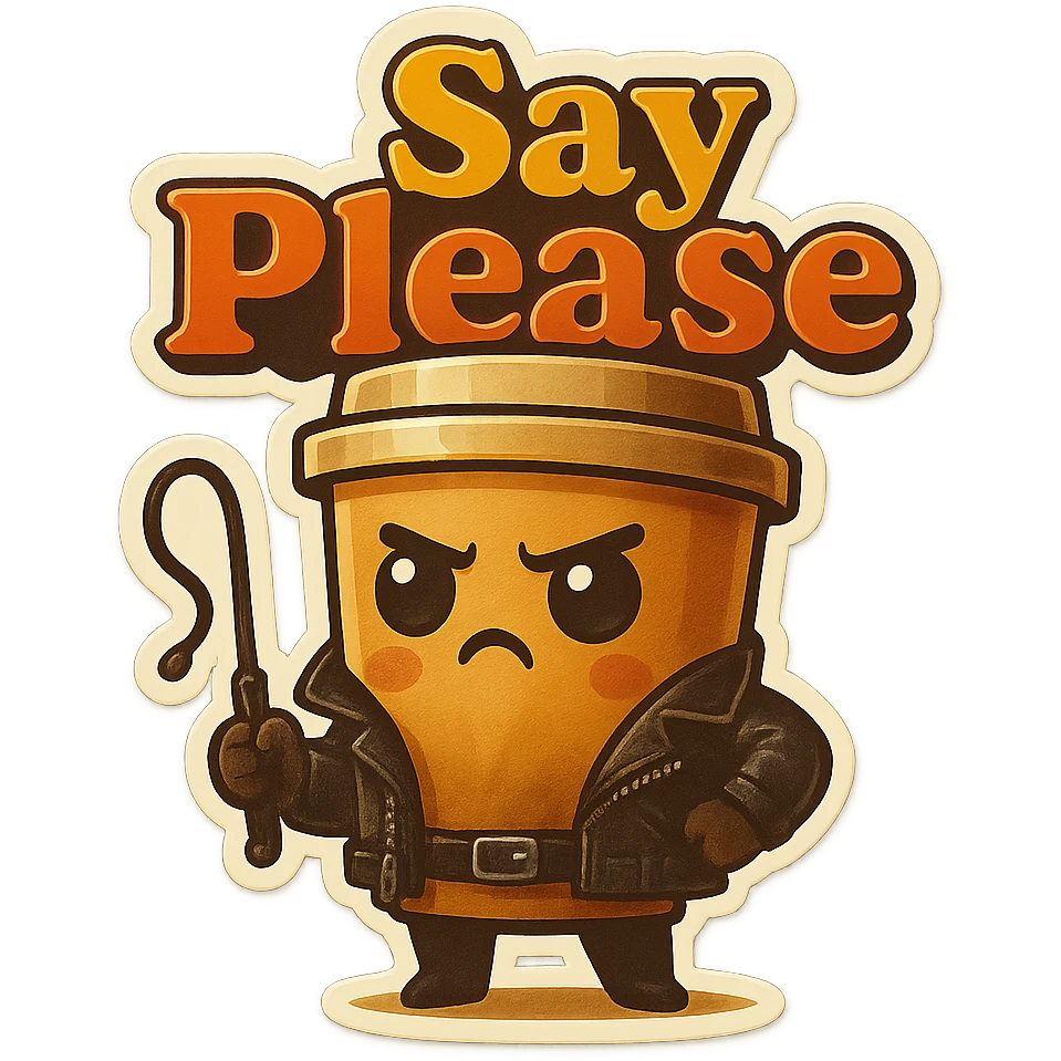 Tall coffee cup, dressed in leather holding a whipping crop, eyebrow furrowed, "big "Say Please" emoji