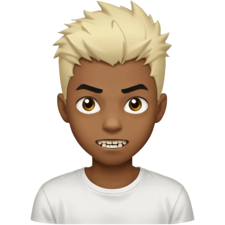 Black Male Teenager with Short punk messy blonde hair, Dark brown bushy eyebrows large expressive golden-brown eyes, wearing a plain white t-shirt, Dark Brown skin color. vampire tooth emoji